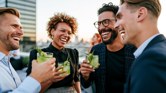 Diverse startup team rooftop celebration holding botanical mocktail drink, city skyline sunset, laughing networking success, corporate party casual elegant, golden hour light.