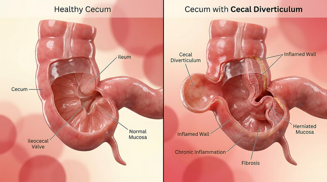 Healthy Cecum Versus Cecal Diverticulum Outpouching and Inflammation Risk