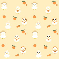 Fototapeta premium Cute cartoon little tiny duck with friands and orange summer happy day happy life seamless pattern. perfect design for fabric, wallpaper, decoration, printing, background, element