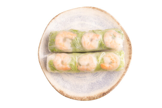 Vietnamese shrimp spring rolls isolated on white. top view, flat lay, close up