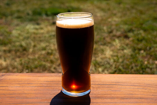 Horizontal image of a glass of dark beer with foam