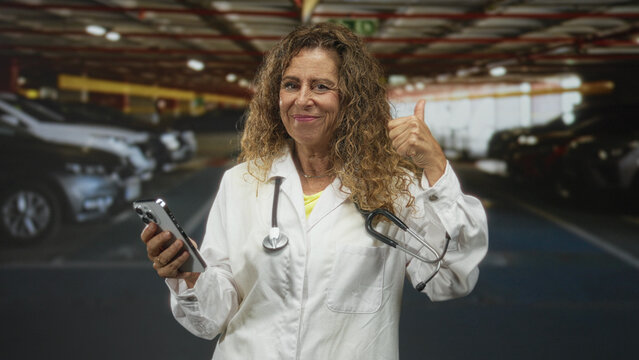 Woman doctor in labcoat holds smartphone and gives thumbs up with thumb while winking in a parking building; confidence care.