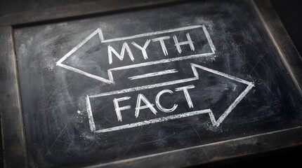 Fototapeta premium Myth vs Fact Chalkboard Arrow Sign Graphic for Truth Verification and Fact Checking Concepts