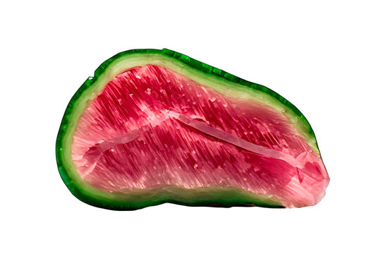 IA generated, polished cross section slice of watermelon tourmaline showing pink core and green rim isolated on white background.