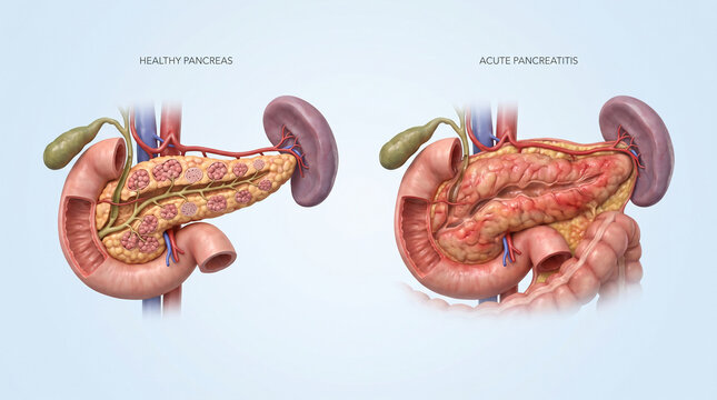 3D Medical Comparison of Healthy Pancreas and Acute Pancreatitis
