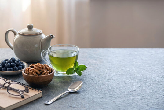 Walnuts, blueberries and green tea arranged with wellness accessories on a stone surface, copy space. Brain health, nutrition and cognitive wellness concept.