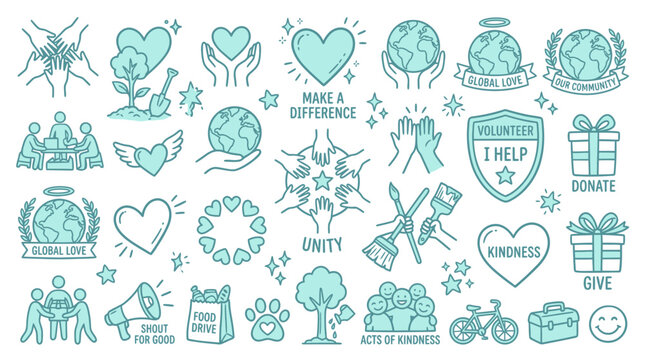 Collection of hand-drawn icons representing kindness, charity, and global community support.