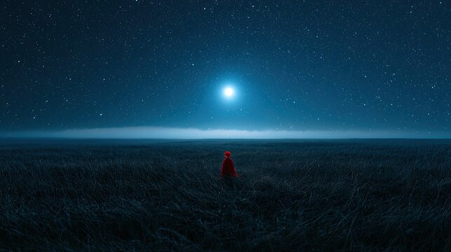 Lone figure in red cloak beneath starry sky and bright moon
