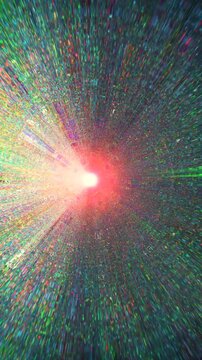 Intense chaotic light speed travel through colorful pixelated data streams. A bright red core radiates rainbow digital artifacts, perfect for cyber-attack or retro gaming.
