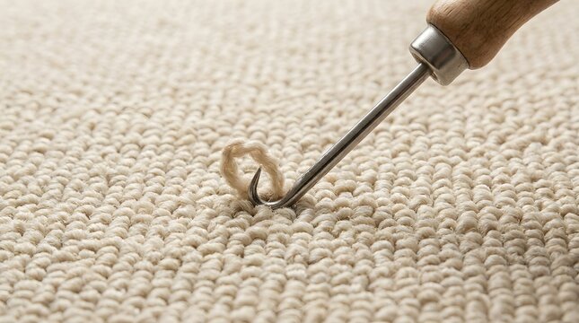 Macro close up of a latch hook tool repairing a loose yarn loop snag on beige woven loop pile carpet, highlighting home maintenance, rug restoration, and floor care DIY concept.