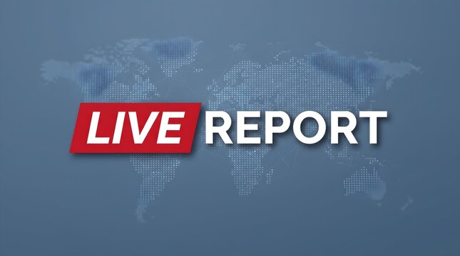Live Report News Broadcast Badge Title Graphic on Blue Digital World Map Network Matrix Background