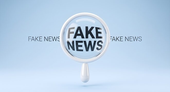 Clean White Minimalist 3D Magnifying Glass Zooming on Fake News Typography Isolated on Blue Background
