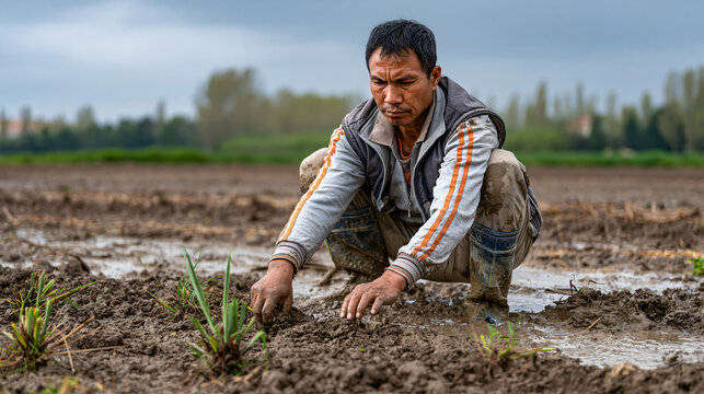 Farmer Planting Seedlings in Muddy Field A farmer diligently plants young green seedlings in a muddy field under a cloudy sky, showcasing the hard work and dedication of agricultural labor.