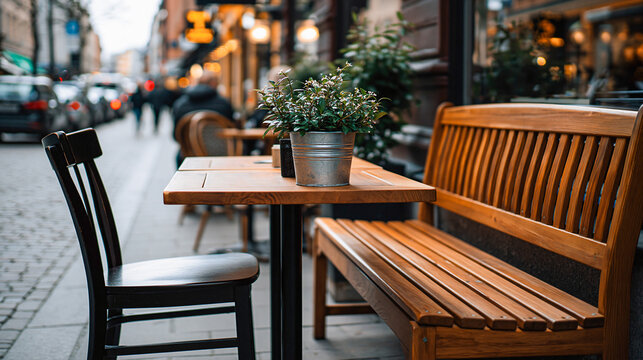 Outdoor Cafe Ambiance A charming wooden bench and chair are set at a table outside a cafe, inviting patrons to enjoy a meal or drink amidst a bustling city street.