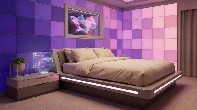 Futuristic bedroom interior featuring purple square wall panels ambient lighting and sleek modern bed design with holographic bedside table floating bed base displays modern visualization hologram