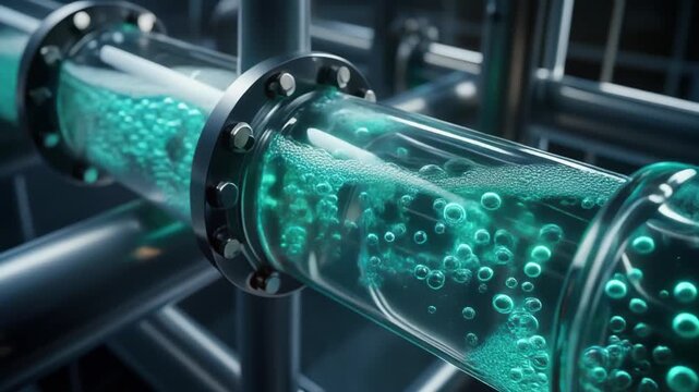Macro shot of clear glass pipe showing turbulent glowing cyan liquid hydrogen bubbles in modern power plant facility