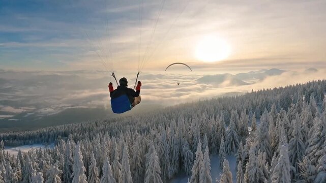 Breathtaking Aerial View of a Paraglider Soaring Over a Snow-Covered Pine Forest and Mountain Range at Sunset