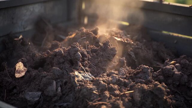 Extreme close up of rich dark organic compost soil in wooden bin with soft steam rising in warm morning sunlight