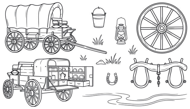 Western Covered Wagon Icon Set with Pioneer History Symbols for Educational Media Designs