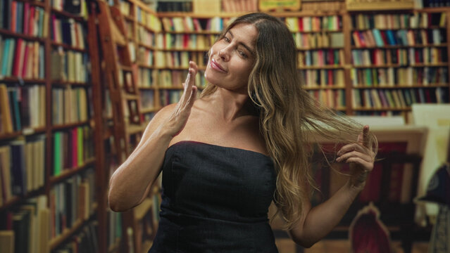 Woman flips long hair with hand and touches neck in front of crowded bookshelves inside a building; confidence introspection.
