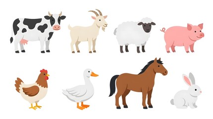 Naklejka premium Set of cute farm animals collection including cow goat sheep pig chicken duck horse and rabbit isolated on white background