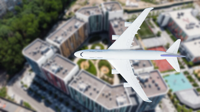 plane flies above the landscape. Side view of aircraft. Travel and transportation concept.