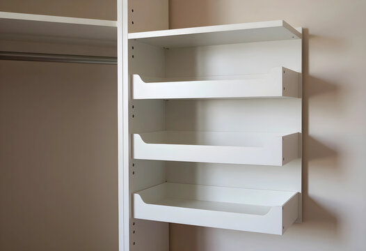 Home organization and storage solutions, empty white closet shelves and hanging rod for modern wardrobe design