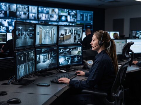 Female security operator monitoring multiple surveillance screens in control