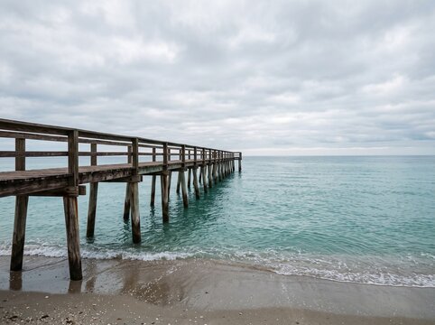 Wooden pier extending into calm sea under cloudy overcast sky beach view