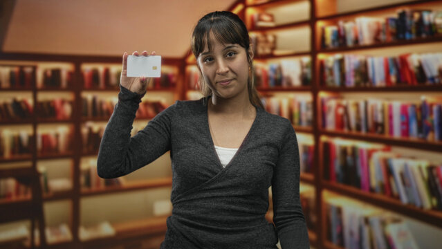 Woman holds white creditcard up near her face and points finger to cheek in an indoor library building aisle filled with books; playful confidence.