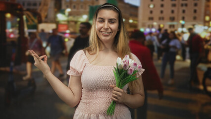 Fototapeta premium Woman in pink dress holding pink and white tulips and making an ok hand gesture on a crowded street at night; joy celebration.