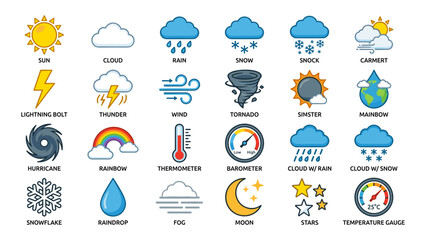 Fototapeta premium Pixel Art Weather Icons Representing Various Meteorological Conditions and Phenomena