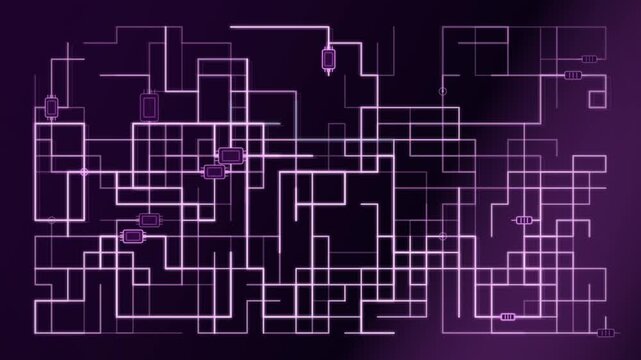 Circuit network with traveling signal pulse along glowing purple pathways on dark background