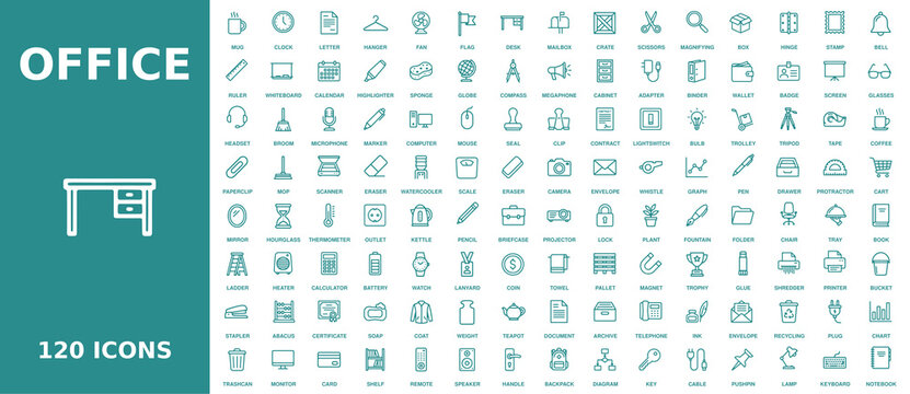 Comprehensive collection of one hundred twenty professional office icons representing business tools and workspace equipment in a minimalist line art style