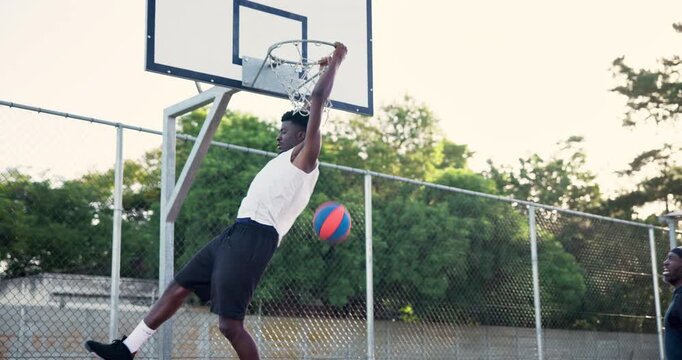 Men, basketball player and outdoor for slam dunk, sport and speed with fitness, training and dribble. Black people, athlete and games with steps, jump and points for contest, challenge and exercise