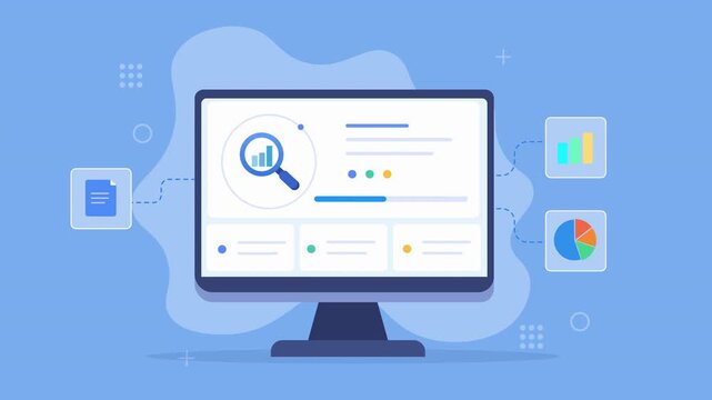 Modern flat vector animation of a desktop monitor displaying an analytics dashboard with search, bar chart, and pie chart icons for digital business data analysis.