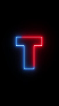 Glowing neon capital Latin alphabet T animation. English Language Letter T, Neon futuristic effect. Trendy font with glow lighting. Educational concepts
