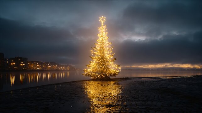 Majestic illuminated Christmas tree glowing golden lights by serene coastal waters at twilight, festive holiday scene for winter decor inspiration