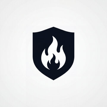 Fire shield icon, black flame protection symbol, fire safety logo on white