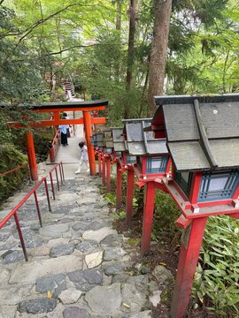 Red Lanterns and Stone Steps at Kifune Shrine in Kyoto, Japan