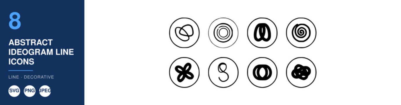 Abstract Ideogram Line Icons Set, Decorative Design Elements. Minimalist Vector Illustrations, Conceptual Graphic Design