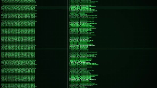 Green binary code and system failure messages scroll across a dark digital interface with scan lines