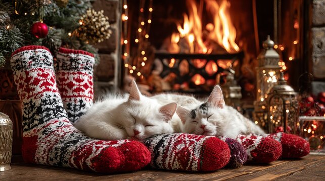 Cozy winter scene featuring two cats napping on festive knit slippers beside crackling fireplace with holiday ornaments and warm wooden logs