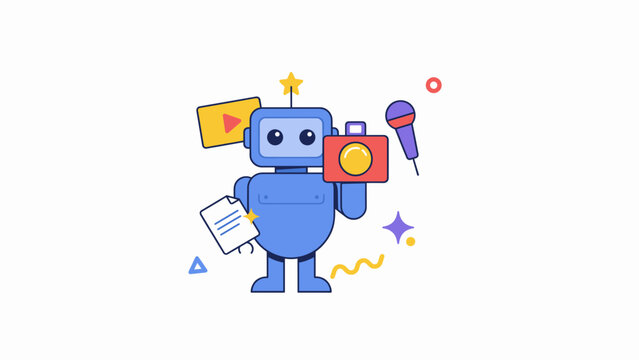Cute blue robot blogger holding camera and document, AI content creator character with microphone and video player icon, vector illustration