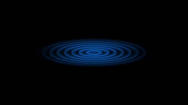 Dynamic expanding neon blue rings. Abstract digital radio wave, sound frequency, and communication signal animation.