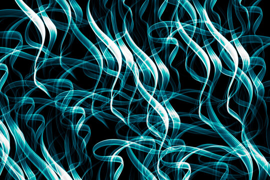 Abstract Blue Smoke Waves on Black Background - Dynamic Flowing Swirls of Light