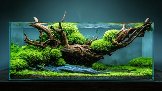 Elegant aquascaping tank showcasing lush green moss-covered driftwood in a serene aquatic environment, ideal for plant lovers and home aquarium enthusiasts