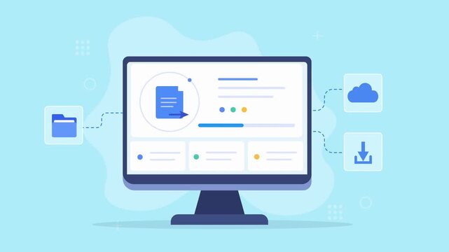 Modern flat vector animation of a desktop monitor displaying a document management dashboard with file, cloud storage, and download icons for digital workflow concepts.