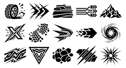 Fototapeta premium A set of white featuring sharp, angular, and geometric shapes isolated on a solid black background, for use in projects