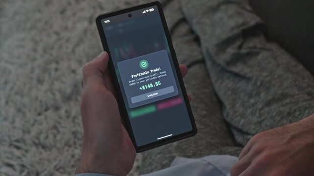 Man Tapping Screen on Profitable Trade Confirmation Popup in Stock App